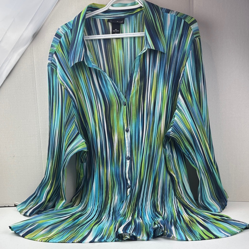 Maggie Barnes Blue and Green Striped Shirt 4 x